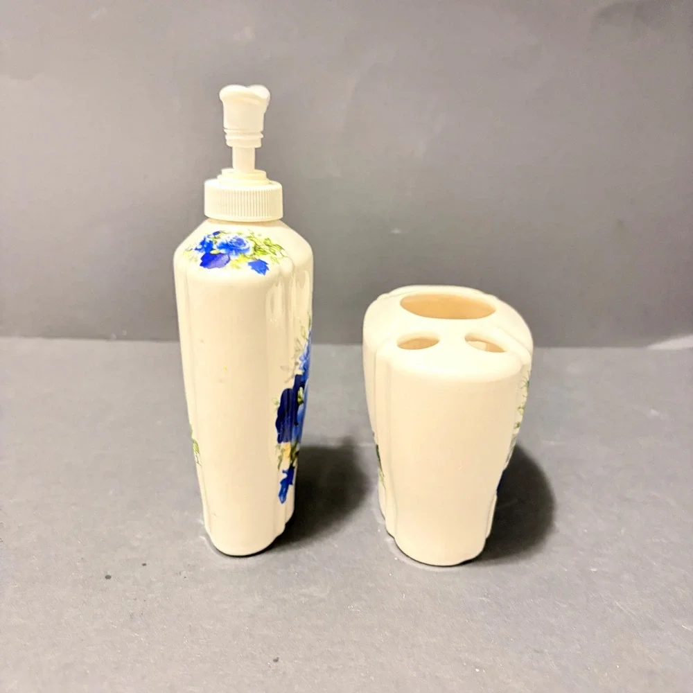 Crown Heritage Blue Rose Ceramic Soap Dispenser & Toothbrush Holder Set England